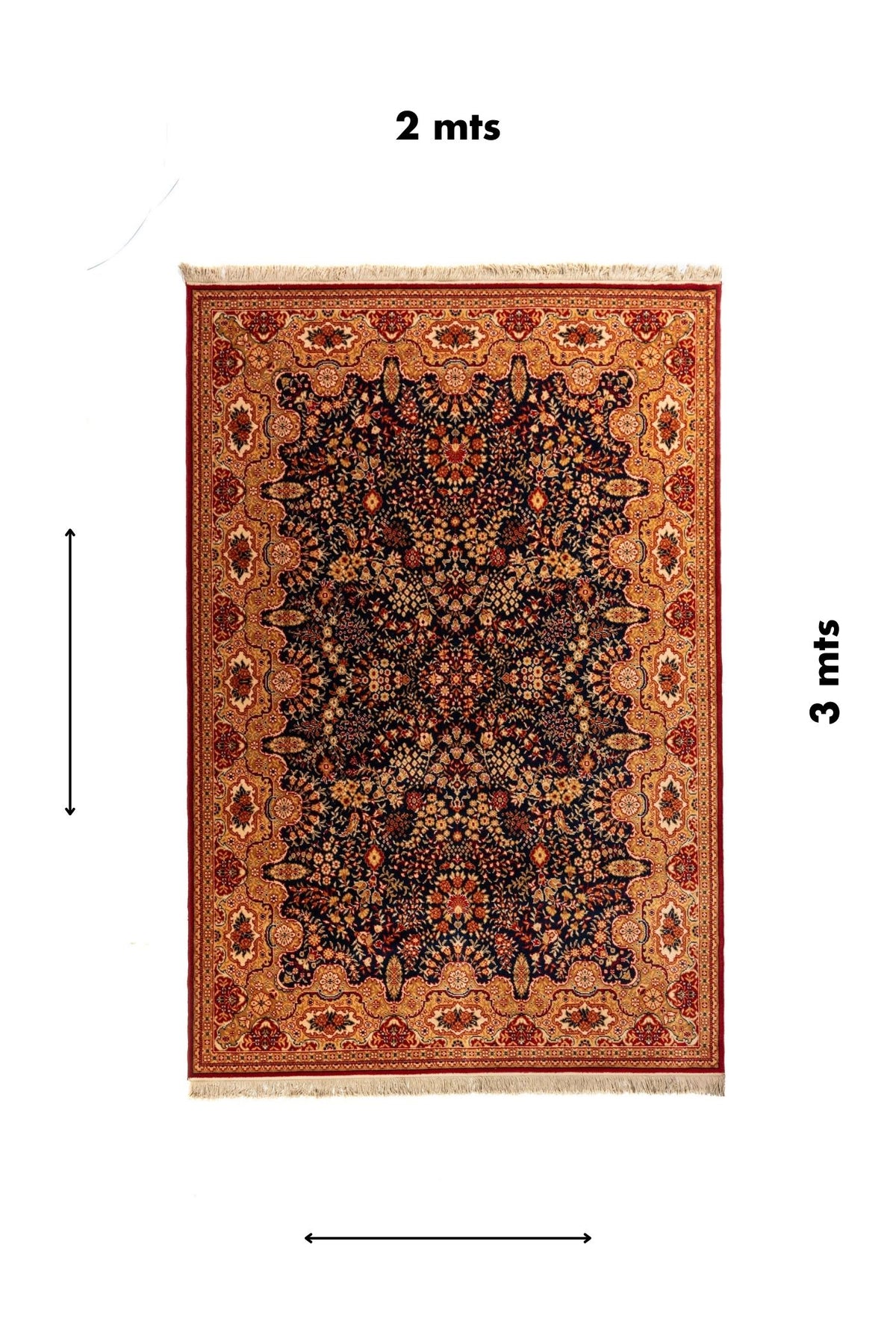 Alfombra clásica oriental en tonos azul oscuro y dorado con diseño floral integral y medidas de 2 x 3 metros.