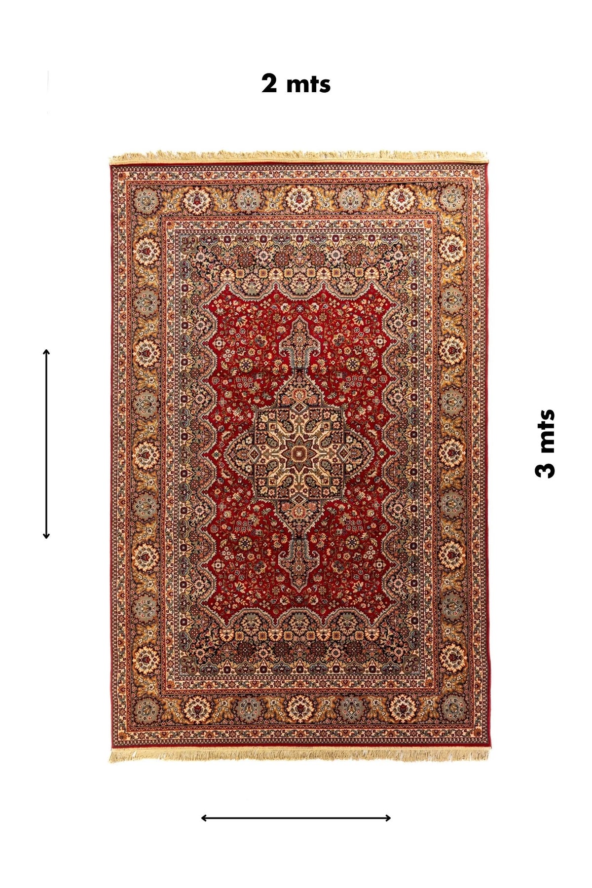 Alfombra clásica oriental en tonos rojo y beige con medallón central y medidas de 2 x 3 metros.