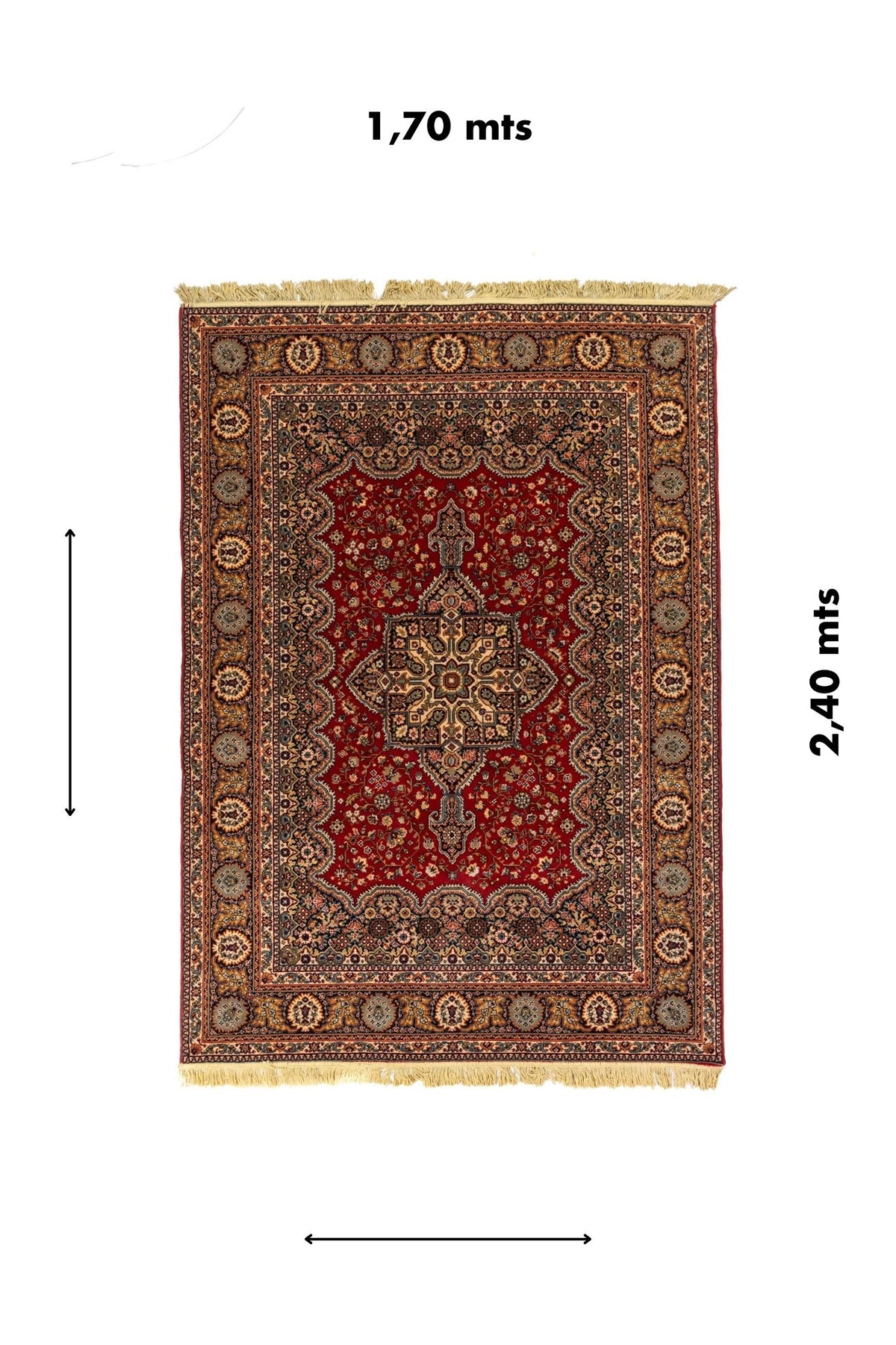 Alfombra oriental rectangular de 1.70 x 2.40 metros con diseño clásico rojo y referencia visual de medidas