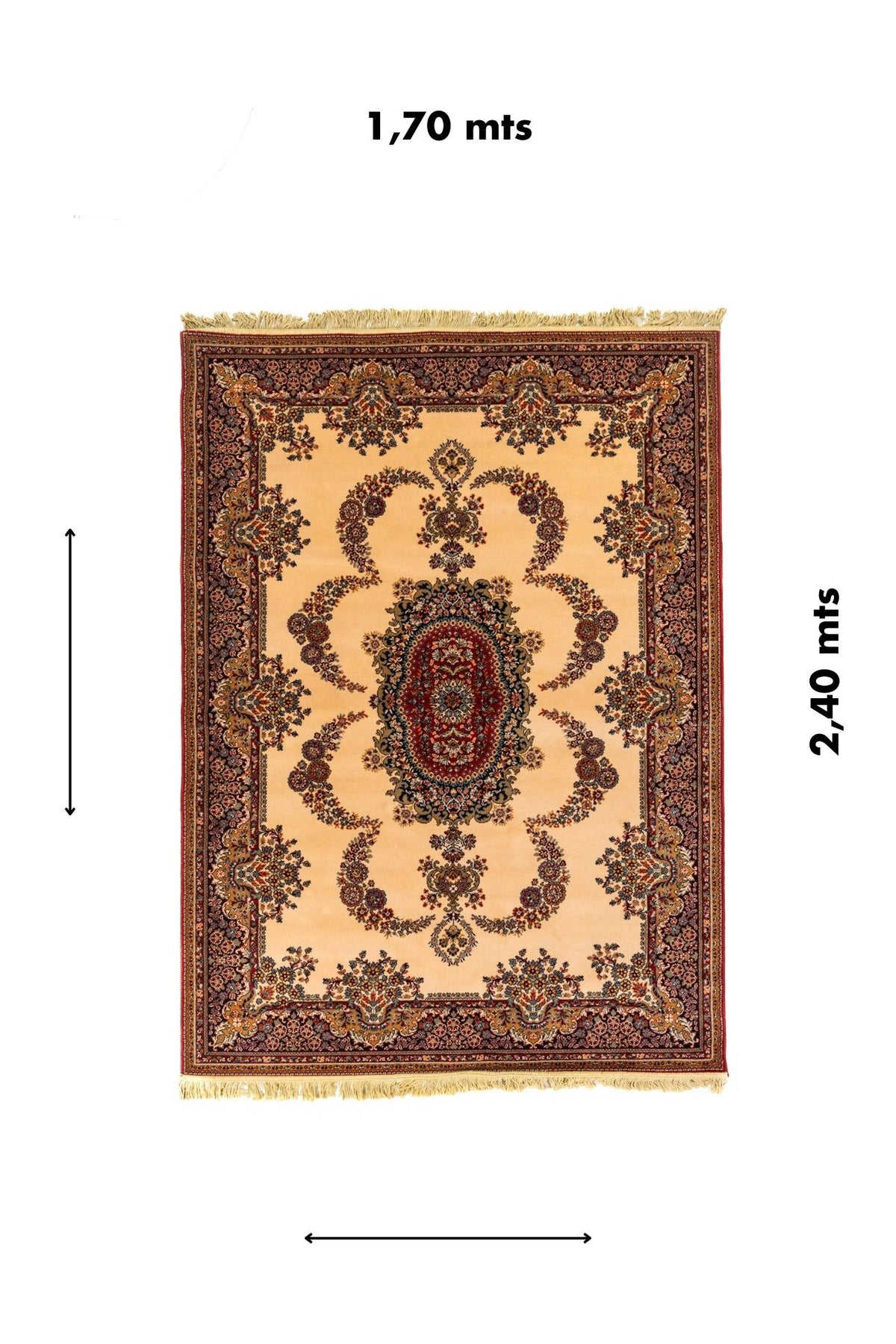 Alfombra oriental rectangular de 1.70 x 2.40 metros con fondo beige, medallón central y referencia visual de medidas