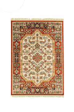 Alfombra oriental rectangular en tonos rojo y blanco suave con diseño geométrico central y bordes decorativos en verde, negro y beige