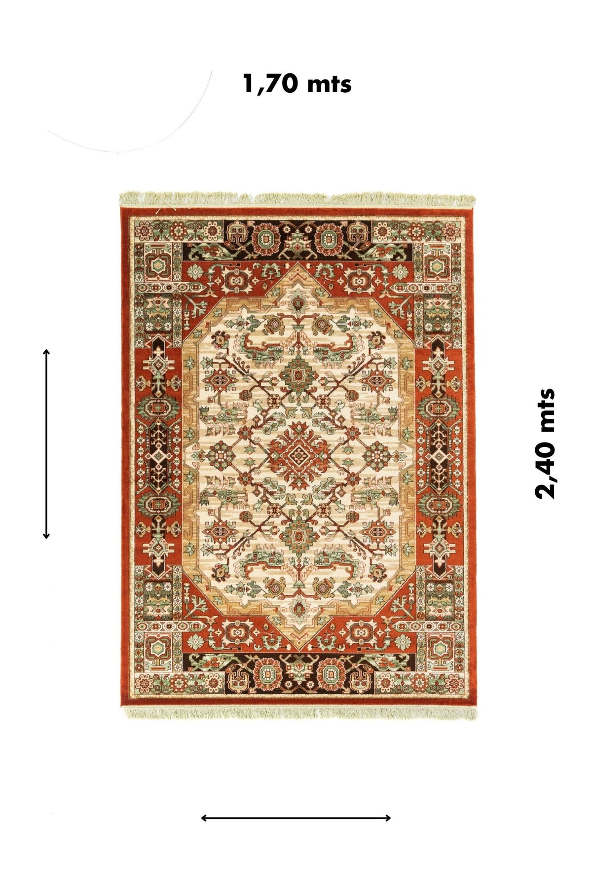 Alfombra oriental rectangular de 1.70 x 2.40 metros con diseño geométrico tradicional y referencia visual de medidas