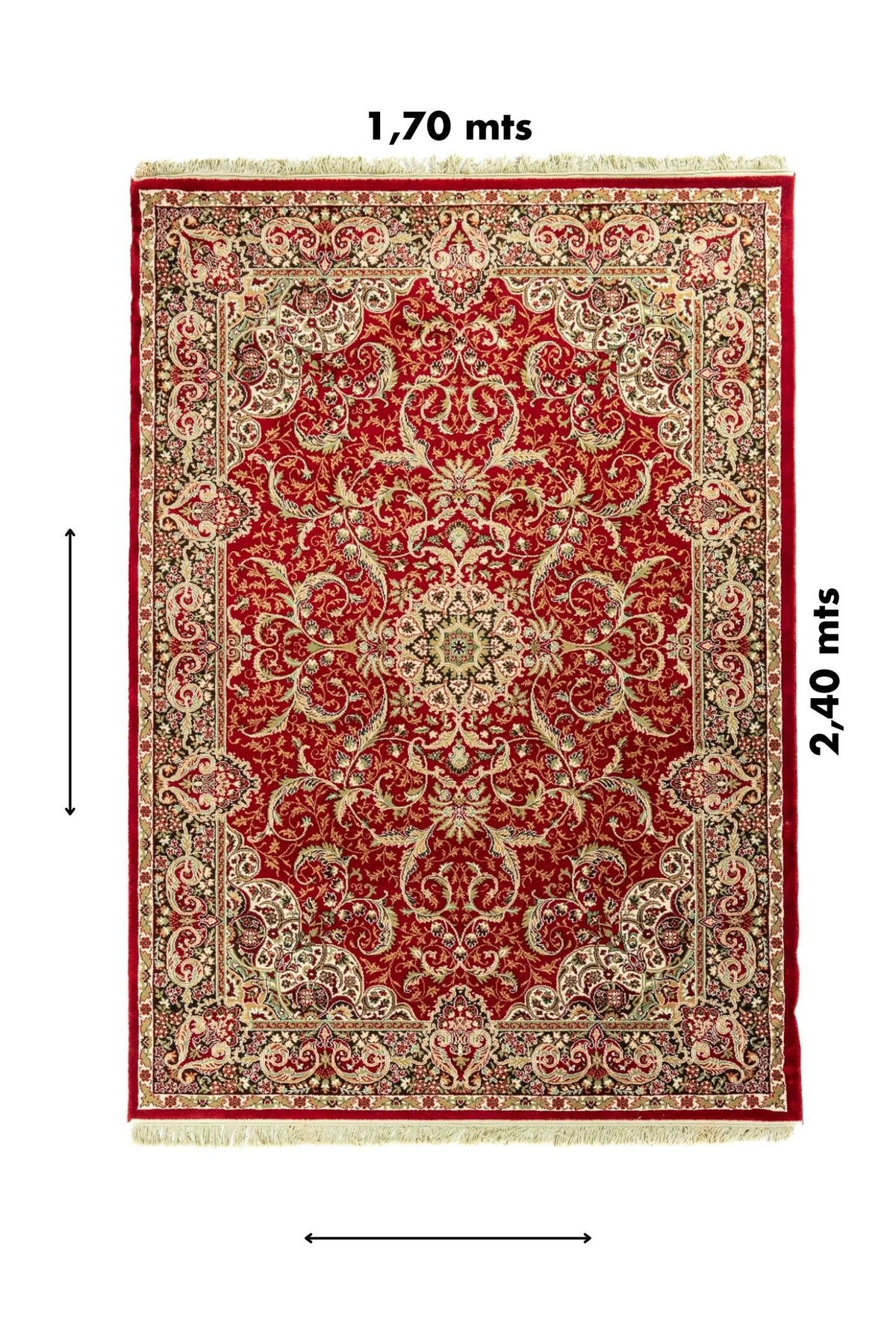 Alfombra clásica oriental roja con diseño simétrico floral y medidas de 1.70 x 2.40 metros.