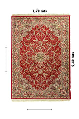 Alfombra clásica oriental roja con diseño simétrico floral y medidas de 1.70 x 2.40 metros.