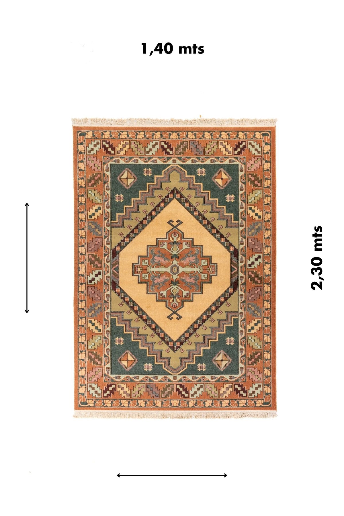 Alfombra oriental rectangular de 1.40 x 2.30 metros con diseño geométrico tradicional y referencia visual de medidas