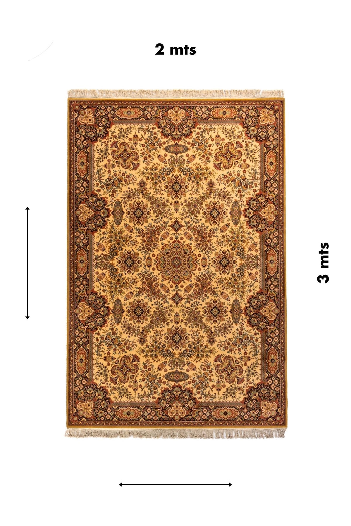 Alfombra rectangular de 2 x 3 metros en tonos beige, rojo, marrón y negro, con diseño floral tradicional y bordes ornamentales.