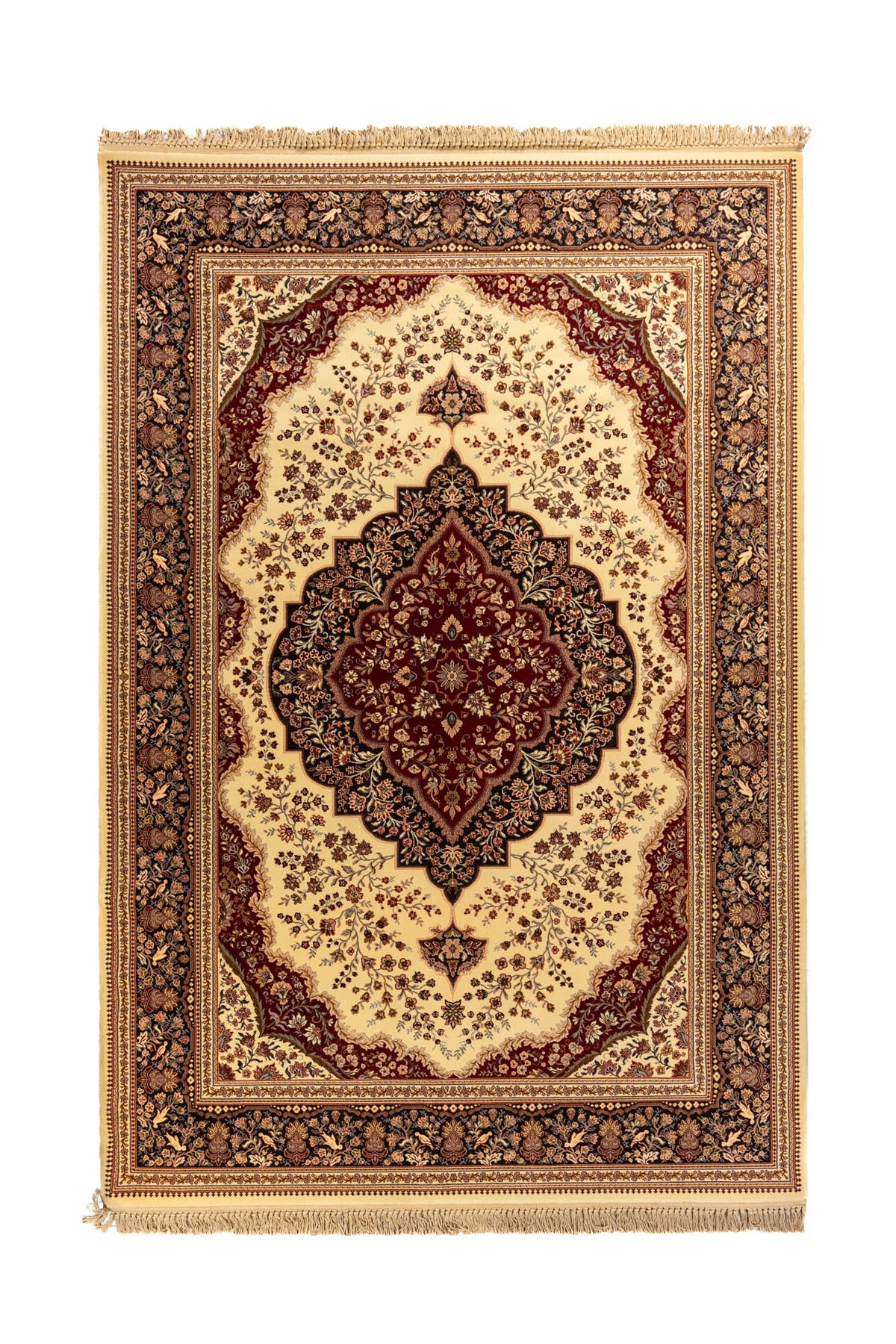 Alfombra clásica oriental en tonos blanco suave, rojo oscuro y azul oscuro con medallón central floral y guarda ornamental.