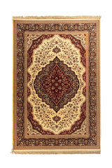 Alfombra clásica oriental en tonos blanco suave, rojo oscuro y azul oscuro con medallón central floral y guarda ornamental.
