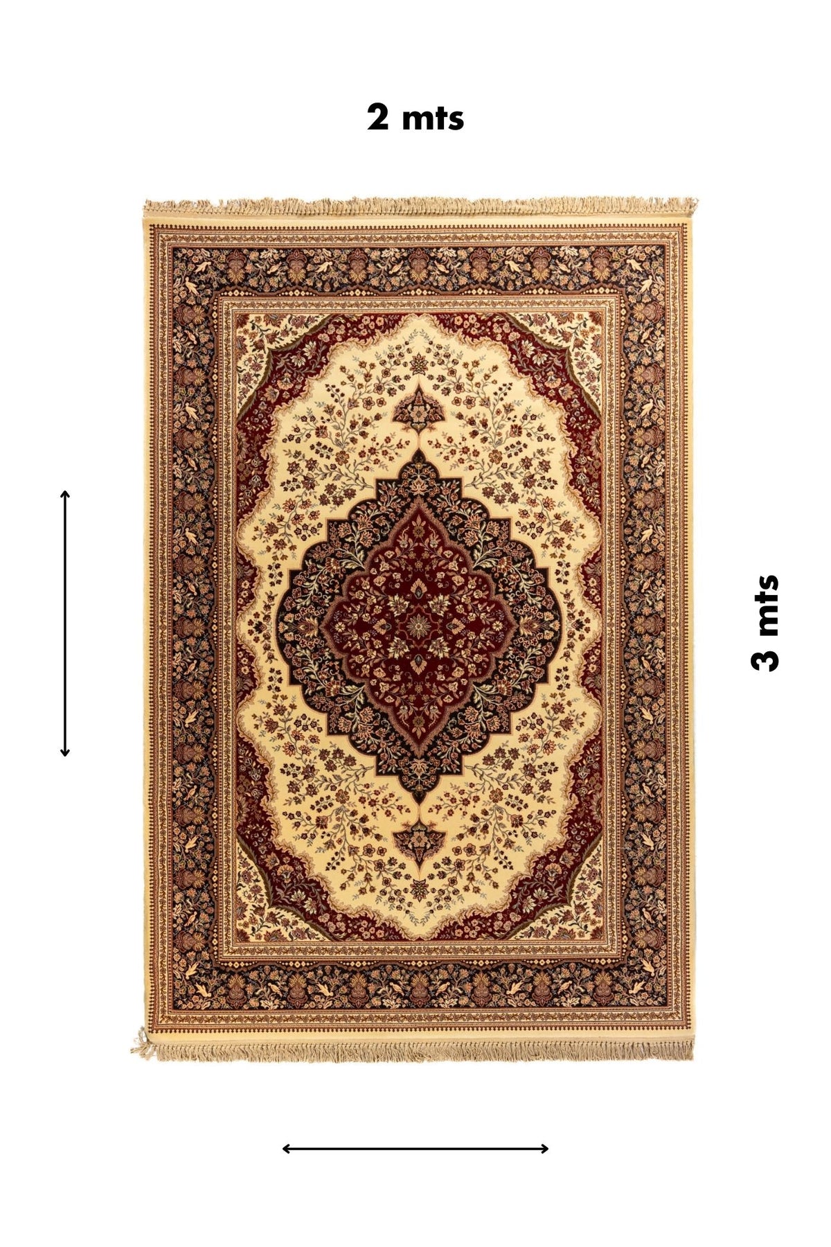 Alfombra clásica oriental con medallón central y medidas de 2 x 3 metros en tonos blanco suave, rojo oscuro y azul oscuro.