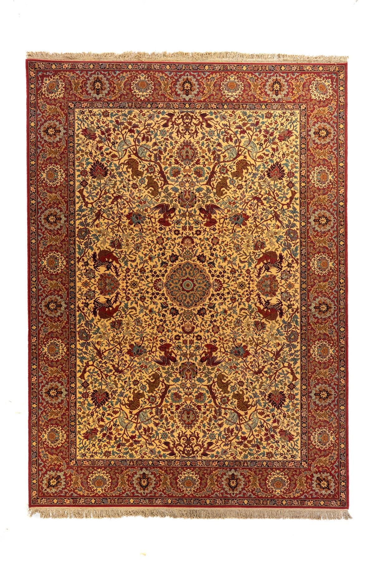 Alfombra clásica de fondo beige con guarda roja, diseño floral ornamental 
