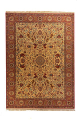 Alfombra clásica de fondo beige con guarda roja, diseño floral ornamental 