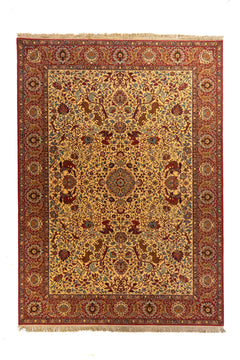 Alfombra clásica de fondo beige con guarda roja, diseño floral ornamental 