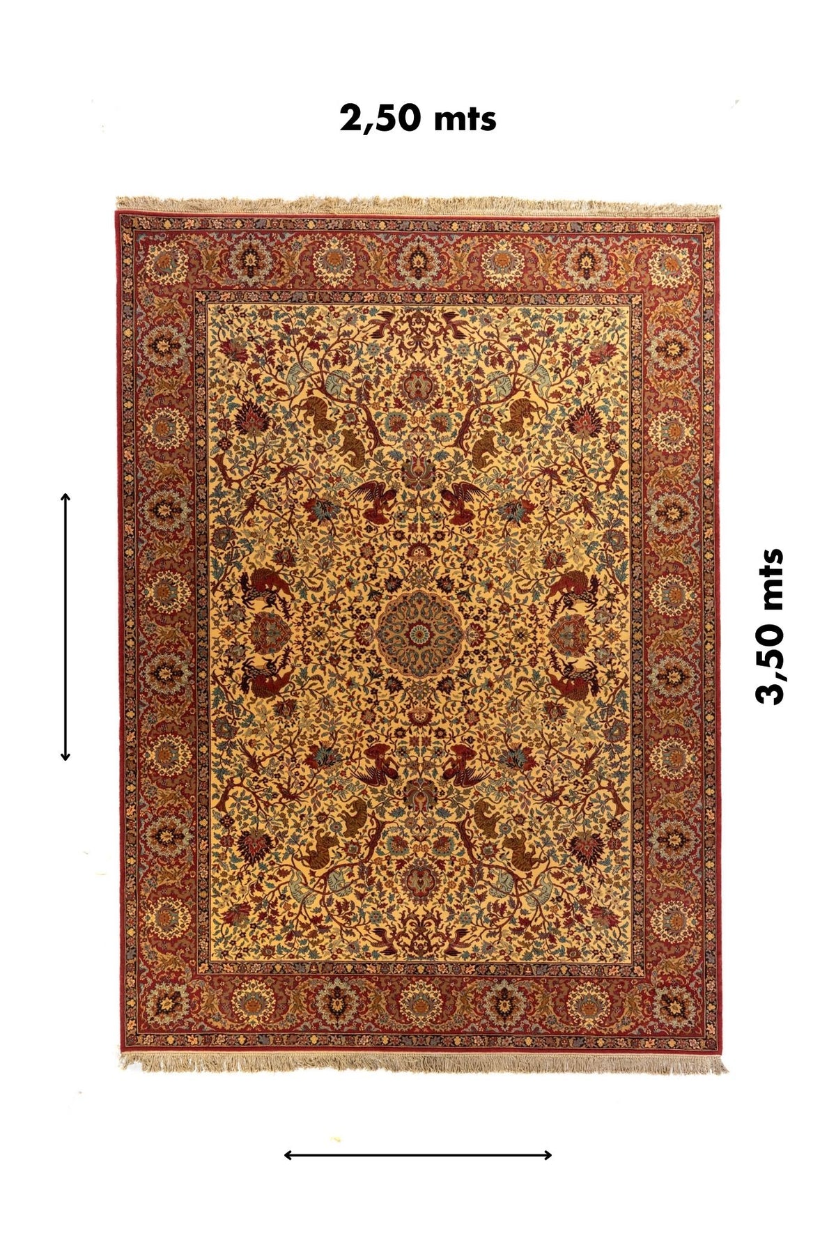 Alfombra clásica rectangular con medidas 2.50 x 3.50 metros, fondo beige, borde rojo y diseño floral simétrico con motivos decorativos.