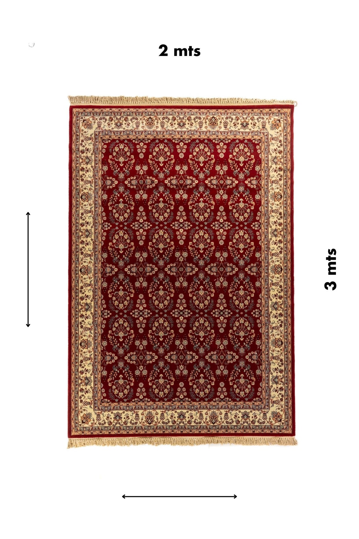 Alfombra rectangular de 2 x 3 metros en color rojo intenso con diseño floral repetitivo, guarda beige ornamental y flecos claros.
