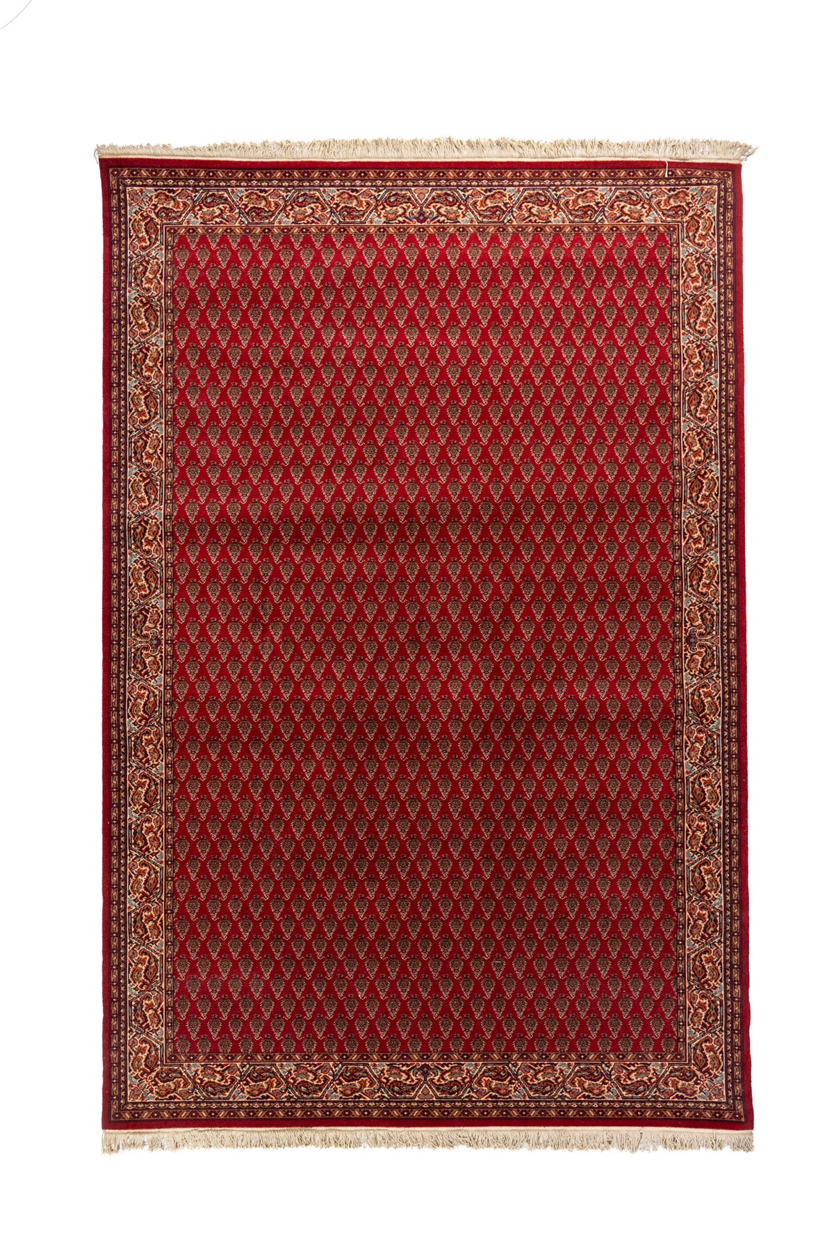 Alfombra oriental rectangular de fondo rojo intenso con guarda decorativa en tonos blanco suave, azul y rojo, y flecos claros en los extremos.