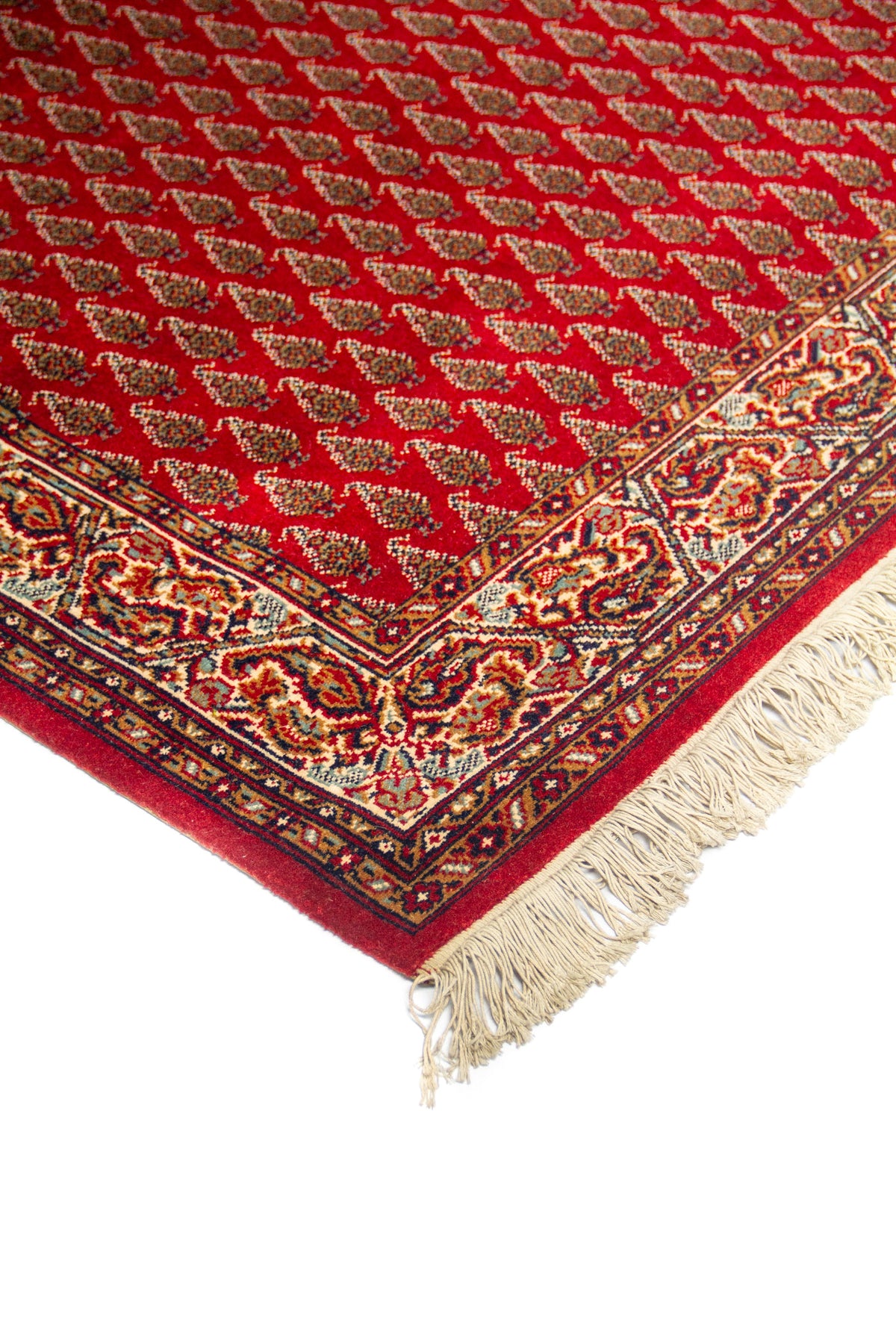 Primer plano de borde de alfombra tradicional roja con diseño repetitivo de pequeños motivos y guarda decorativa elaborada en tonos blanco suave, azul oscuro y rojo.