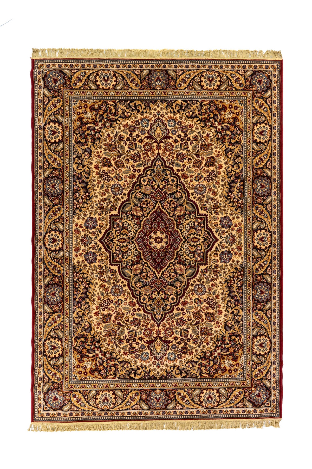 Alfombra oriental rectangular en tonos beige, rojo oscuro y azul con medallón central ornamental y guarda floral clásica