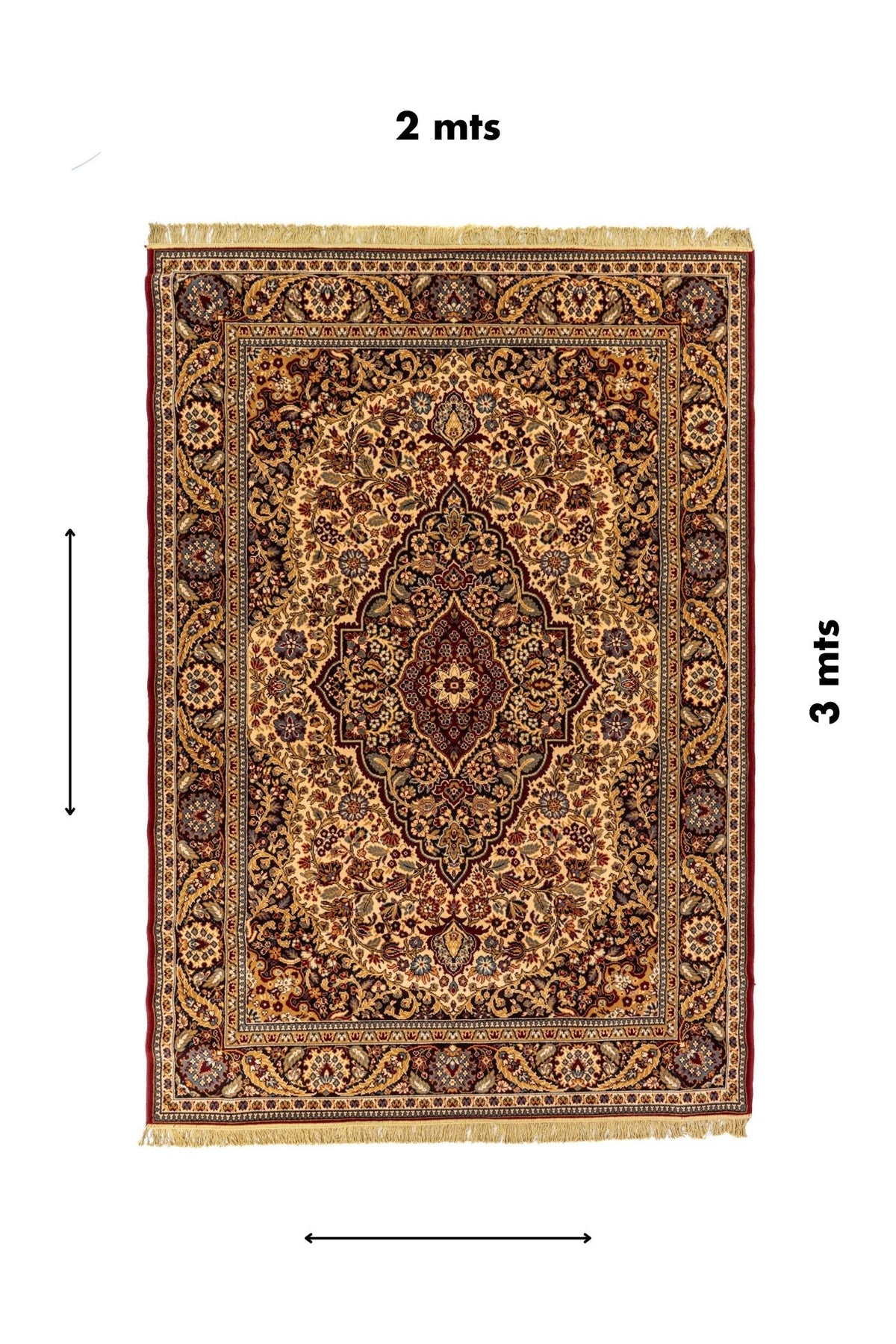 Alfombra oriental rectangular de 2 x 3 metros con diseño clásico floral y referencia visual de medidas