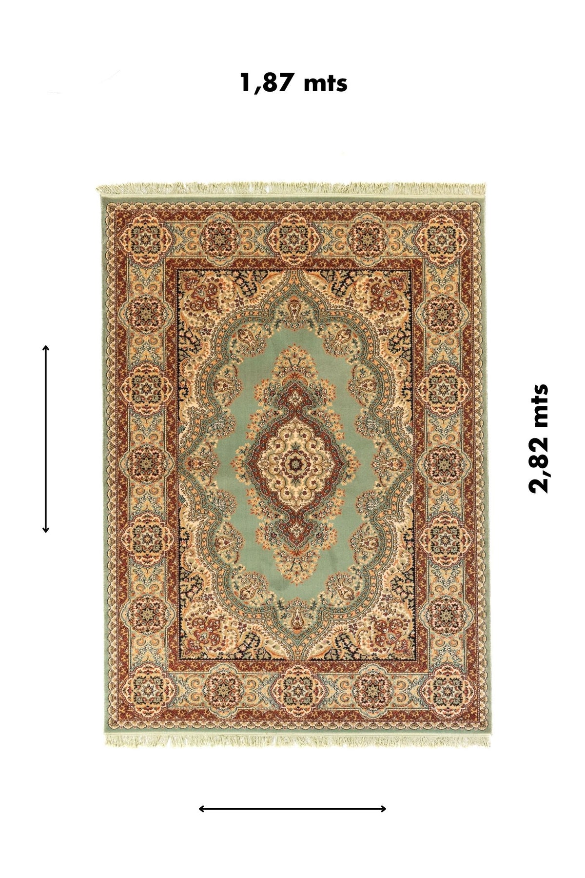 Alfombra oriental rectangular de 1.87 x 2.82 metros en tono verde oscuro con medallón central y referencia visual de medidas
