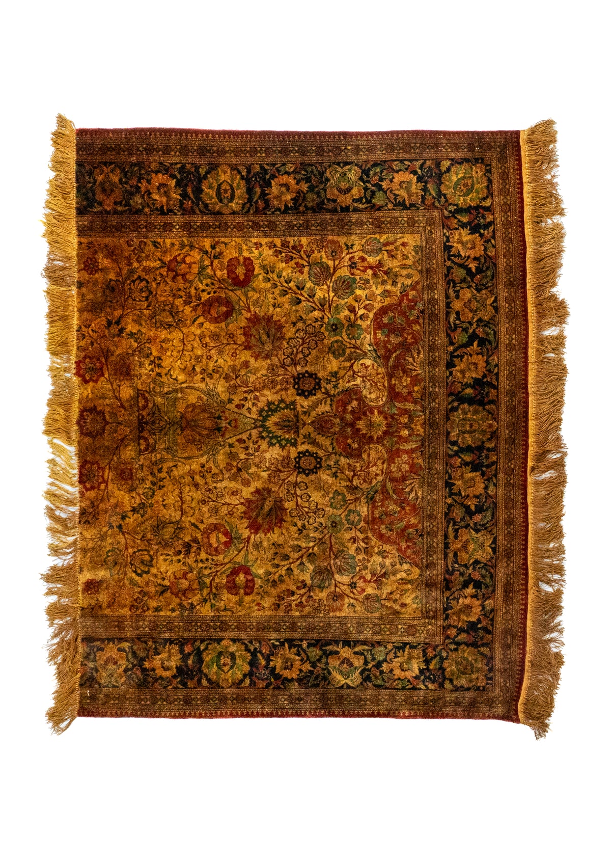 Alfombra Ispahan Seda Fragmento rectangular dorada con diseño floral vintage