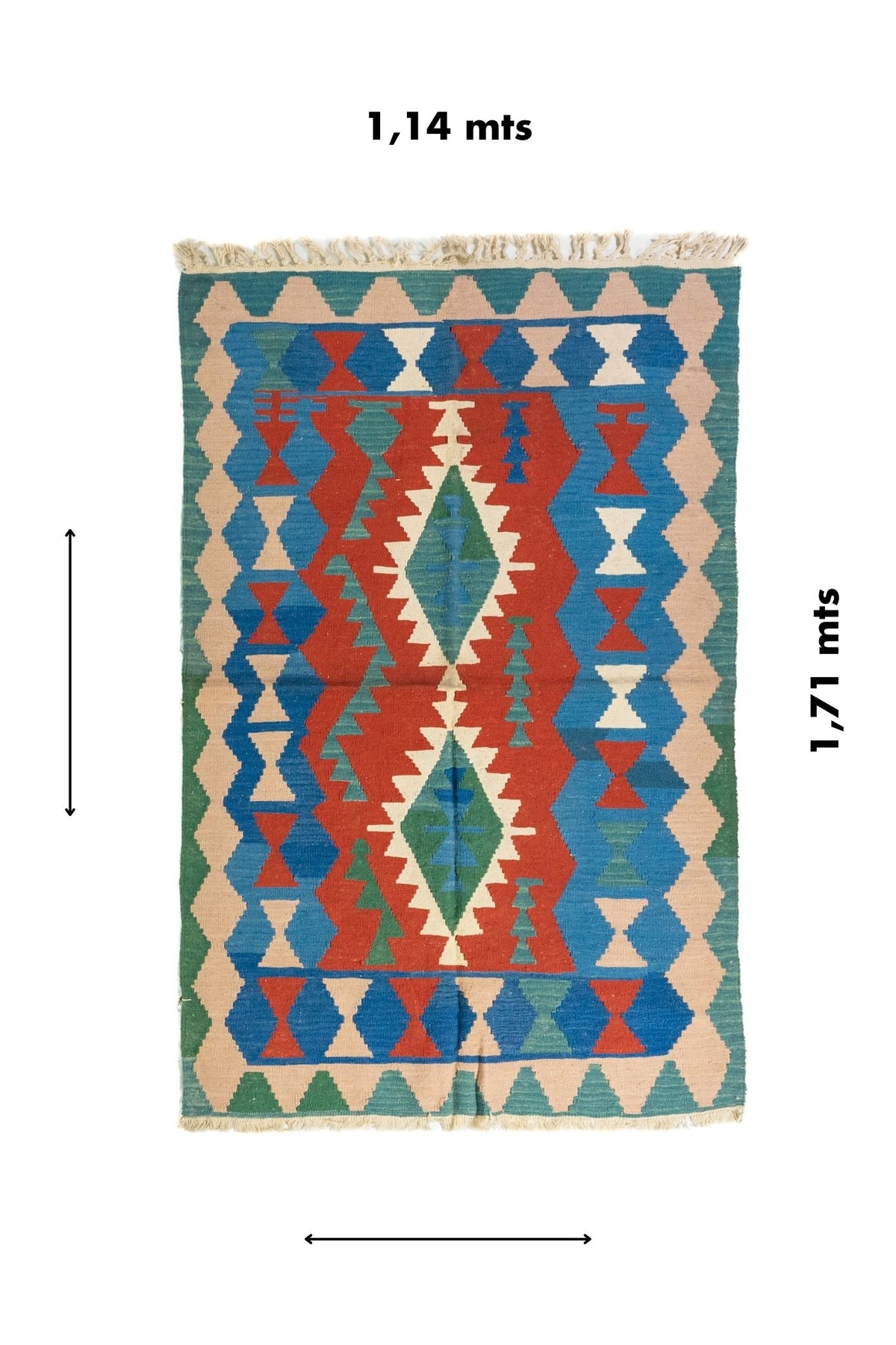 Alfombra geométrica artesanal de 1.14 x 1.71 metros en tonos rojo, azul, verde y beige.