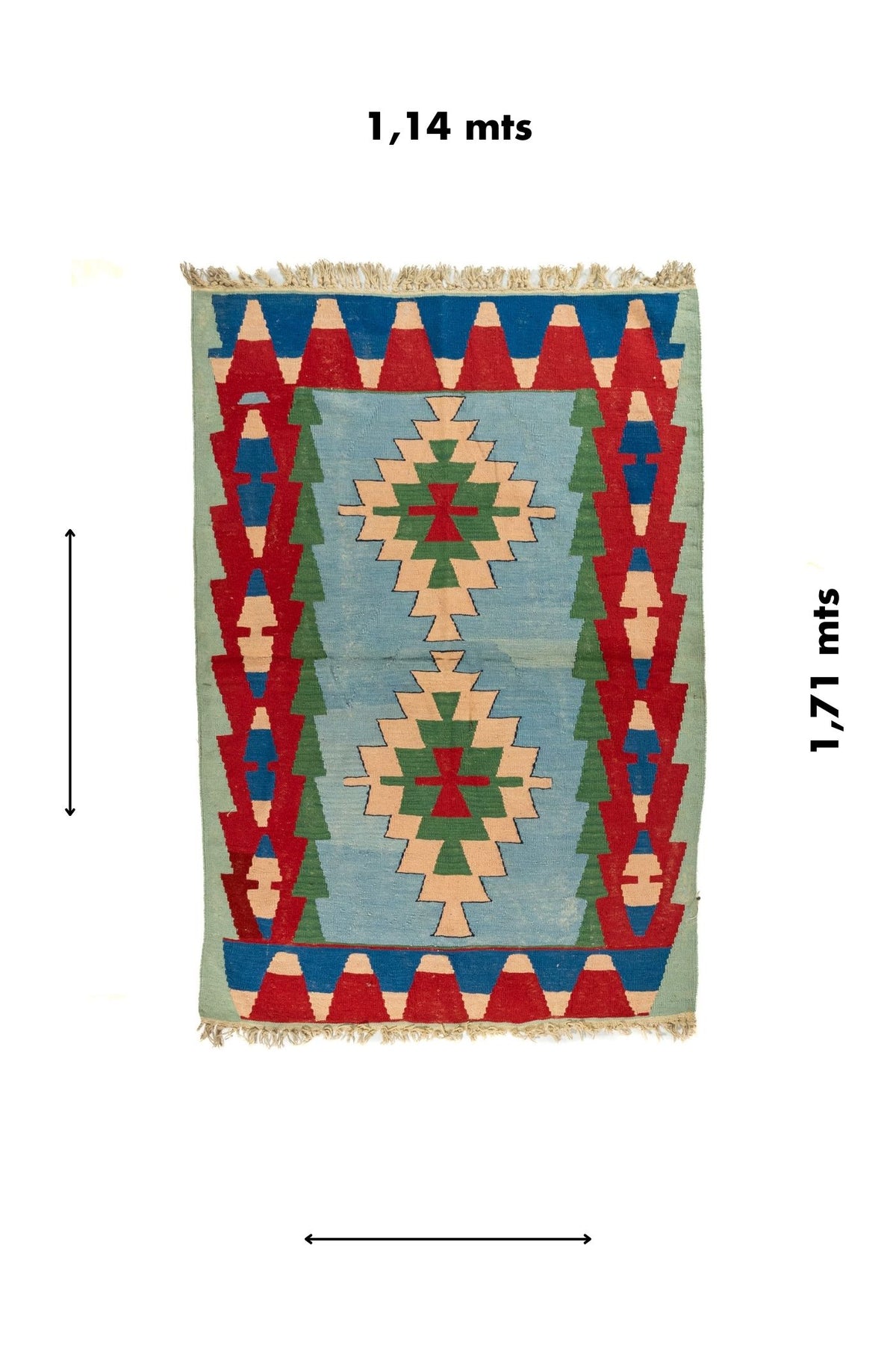 Alfombra geométrica artesanal de 1.14 x 1.71 metros en tonos celeste, rojo, azul, verde y beige