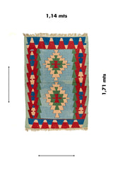 Alfombra geométrica artesanal de 1.14 x 1.71 metros en tonos celeste, rojo, azul, verde y beige