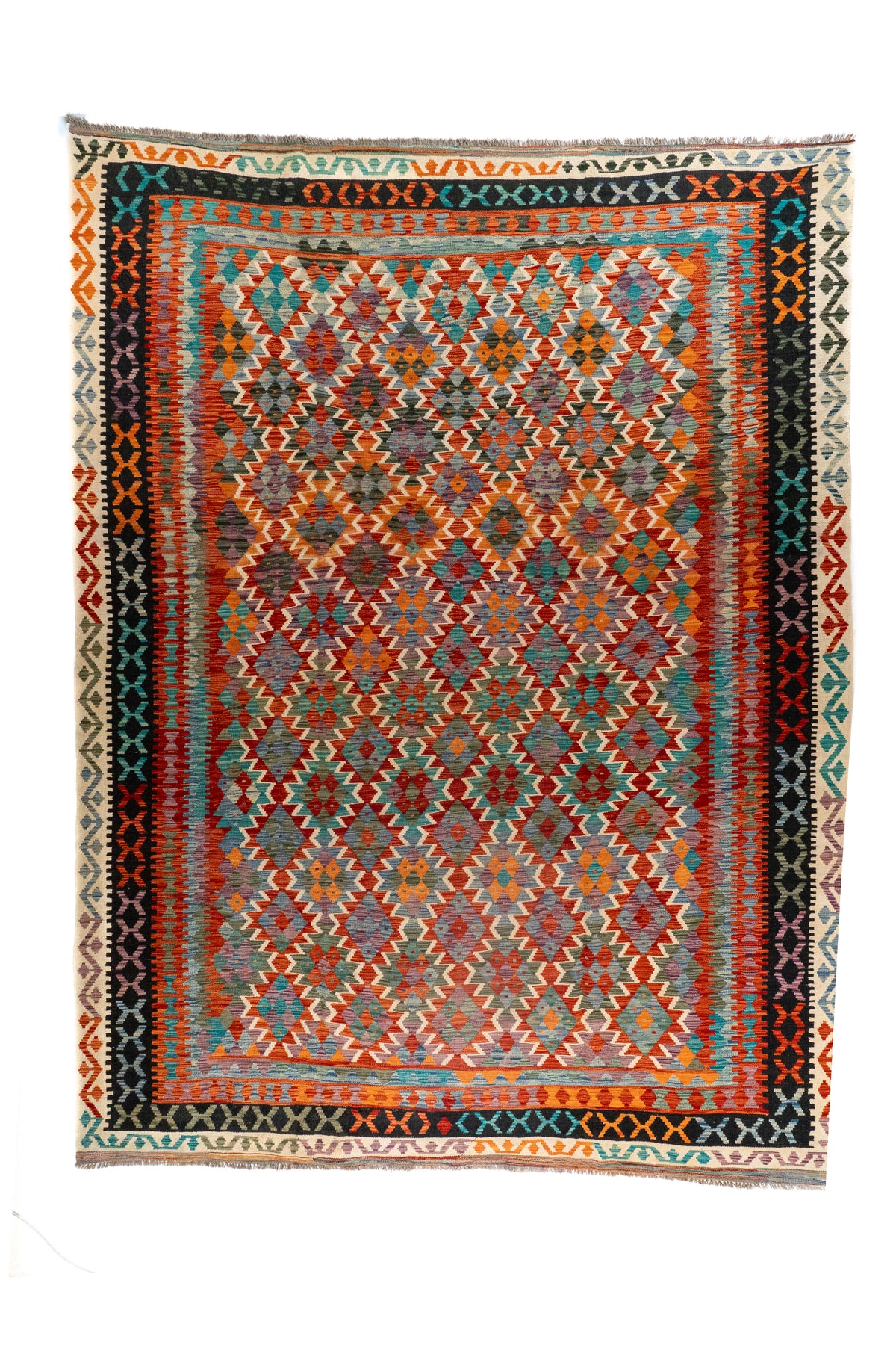 Alfombra Kilim rectangular multicolor con diseño geométrico 
