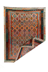 Alfombra Kilim multicolor con esquina doblada y diseño geométrico tipo tribal