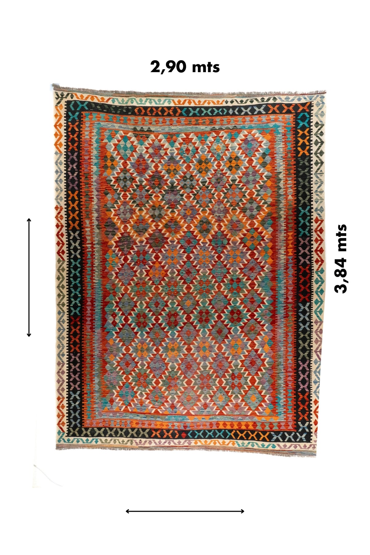 Alfombra Kilim rectangular de 2.90 x 3.84 mts con diseño geométrico multicolor