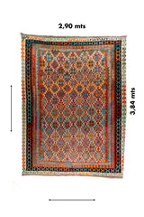 Alfombra Kilim rectangular de 2.90 x 3.84 mts con diseño geométrico multicolor