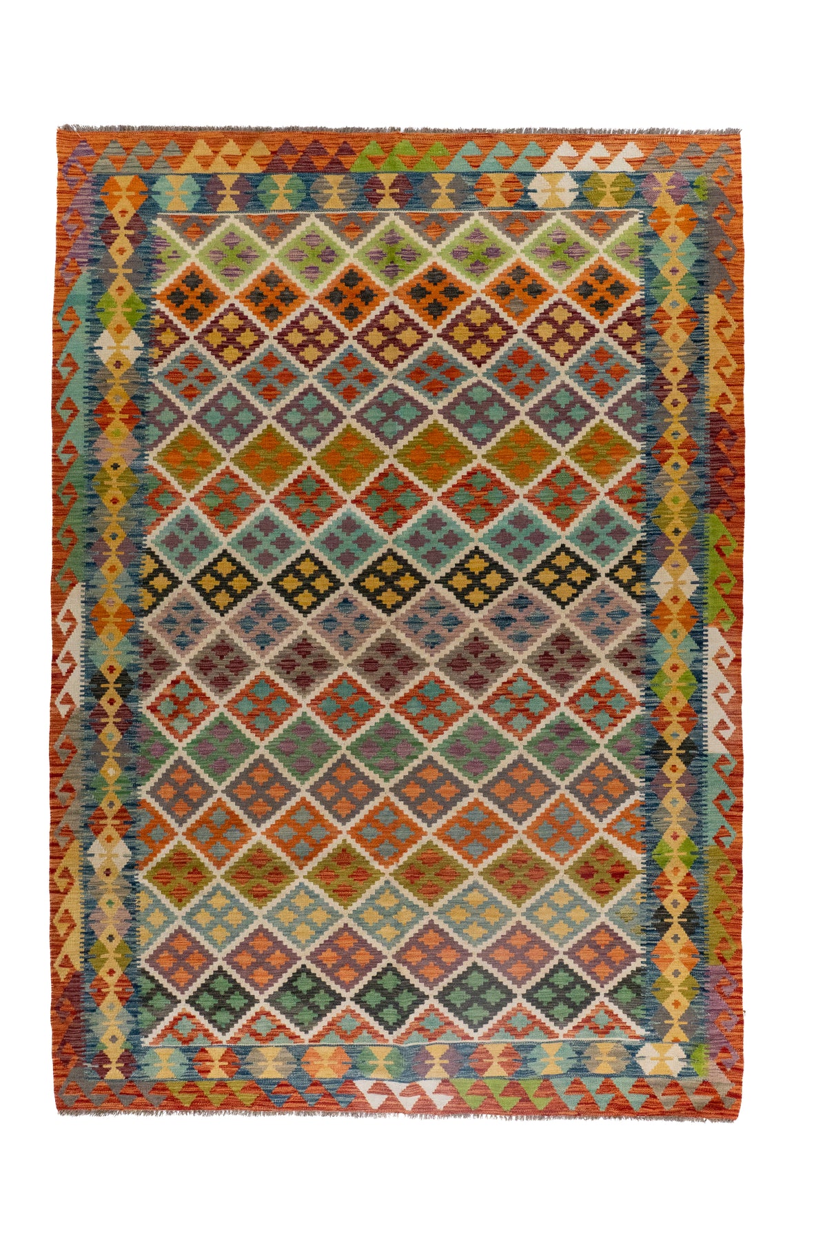 Alfombra Kilim rectangular multicolor con diseño geométrico en tonos rojo oscuro, celeste y verde