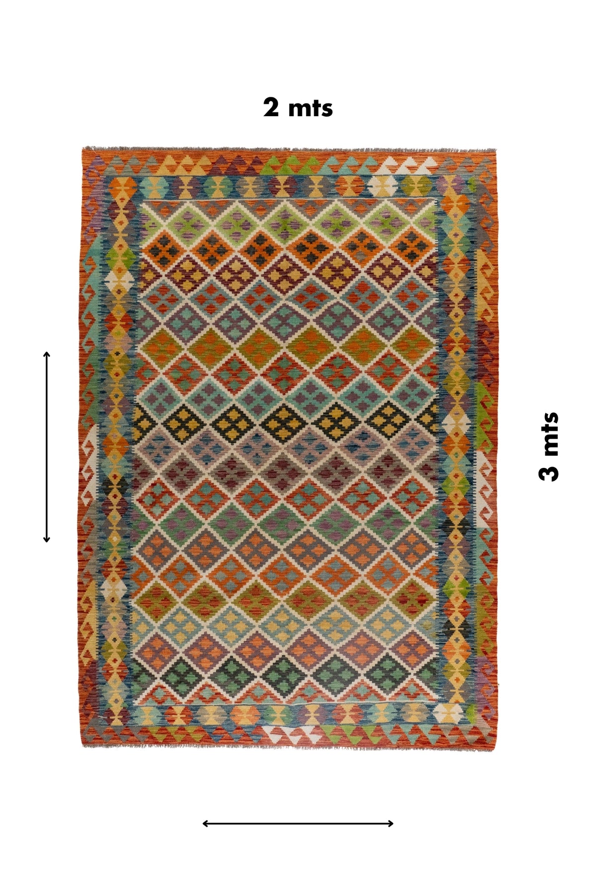 Alfombra Kilim rectangular de 2 x 3 mts con diseño geométrico multicolor