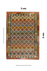 Alfombra Kilim rectangular de 2 x 3 mts con diseño geométrico multicolor