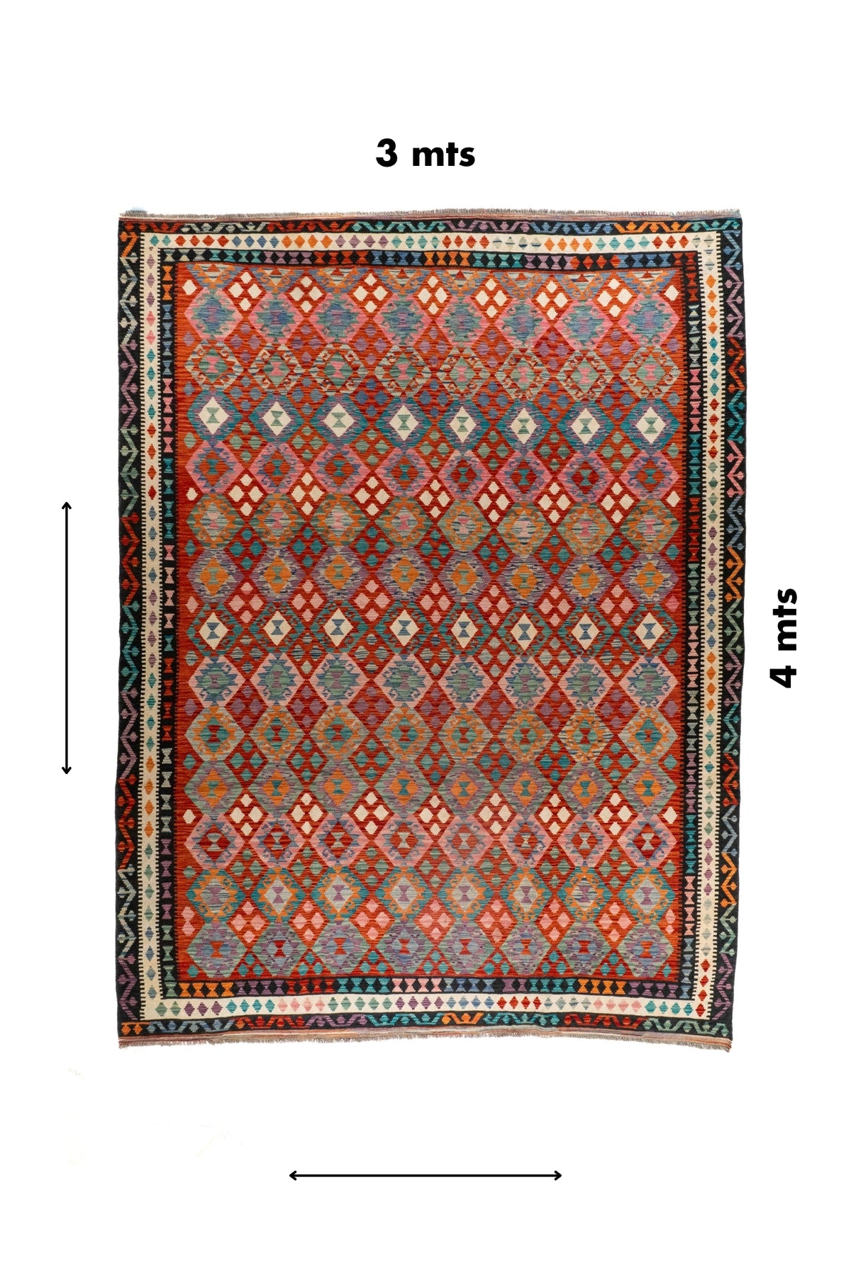 Alfombra Kilim rectangular de 3 x 4 mts con diseño geométrico en tonos rosa y celeste.