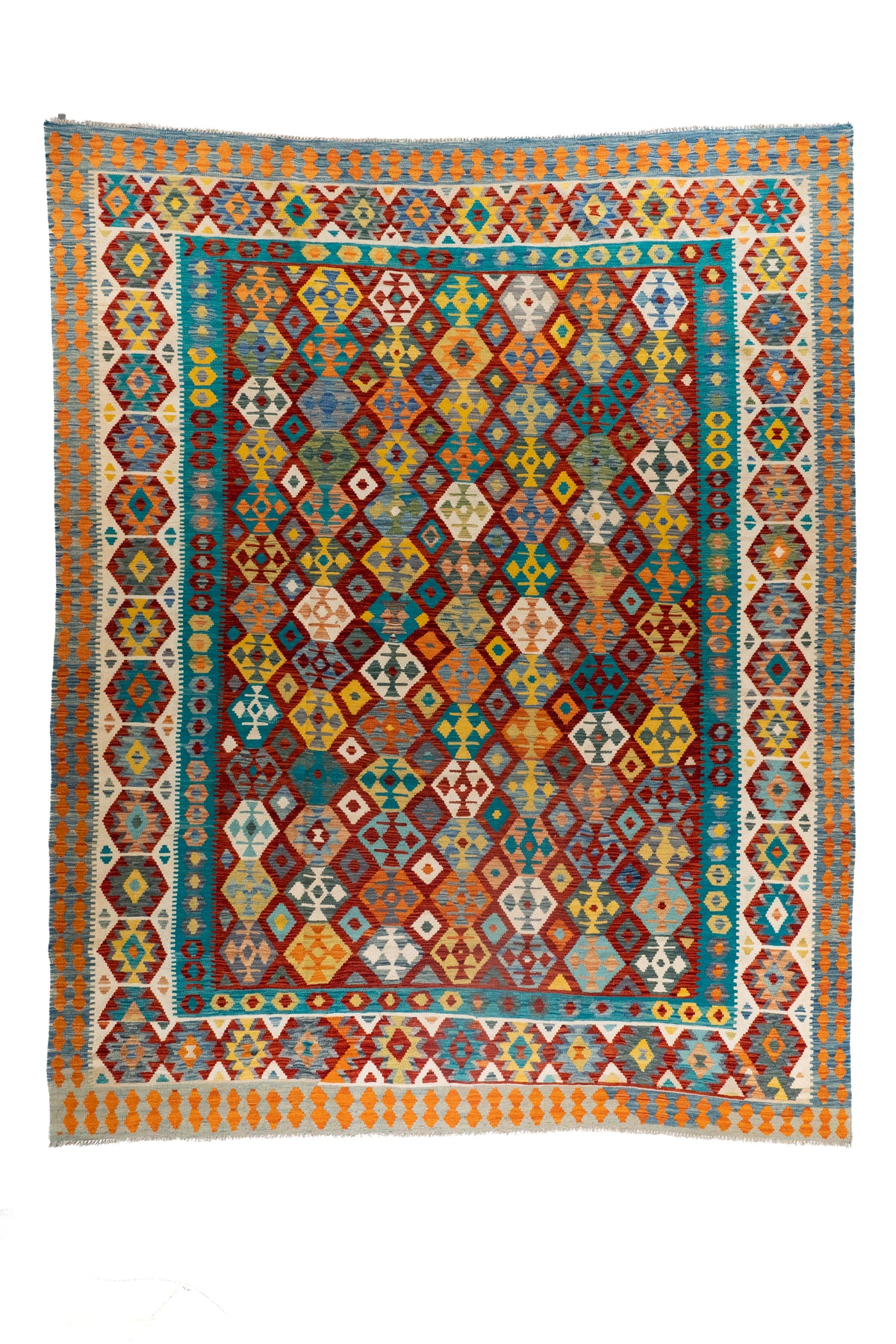 Alfombra Kilim multicolor rectangular de 3 x 3.83 mts con diseño geométrico y guardas decorativas