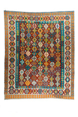 Alfombra Kilim multicolor rectangular de 3 x 3.83 mts con diseño geométrico y guardas decorativas