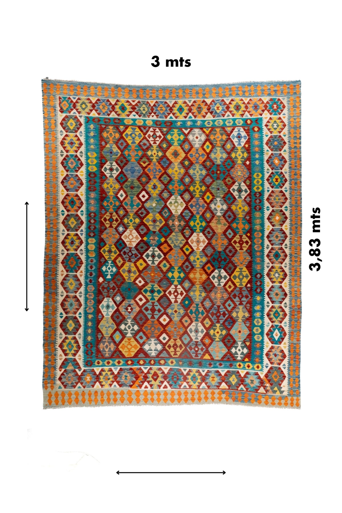 Alfombra Kilim rectangular multicolor con medida 3 x 3.83 mts y diseño geométrico