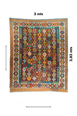 Alfombra Kilim rectangular multicolor con medida 3 x 3.83 mts y diseño geométrico