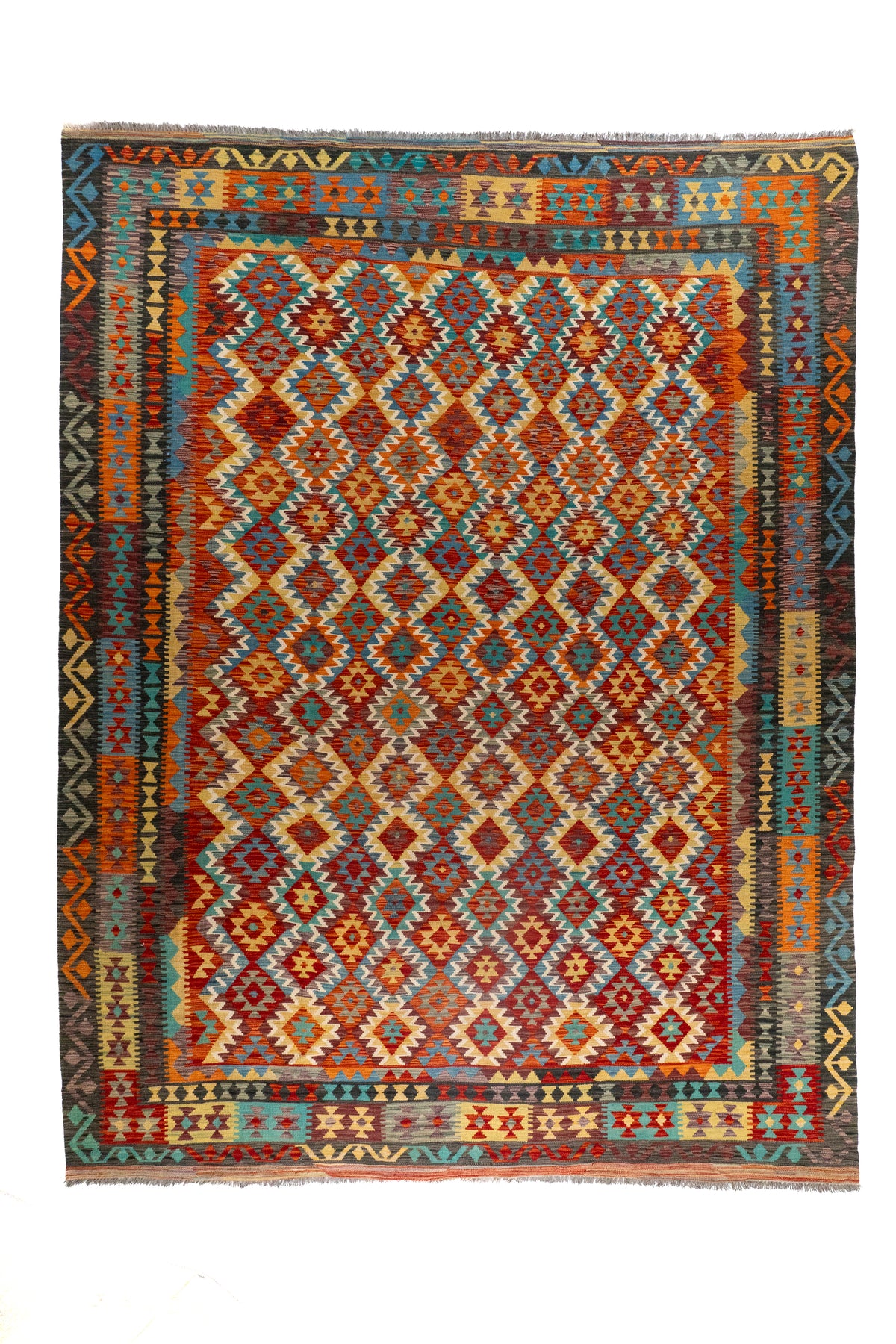 Alfombra Kilim multicolor rectangular de 3 x 4 mts con diseño geométrico tribal