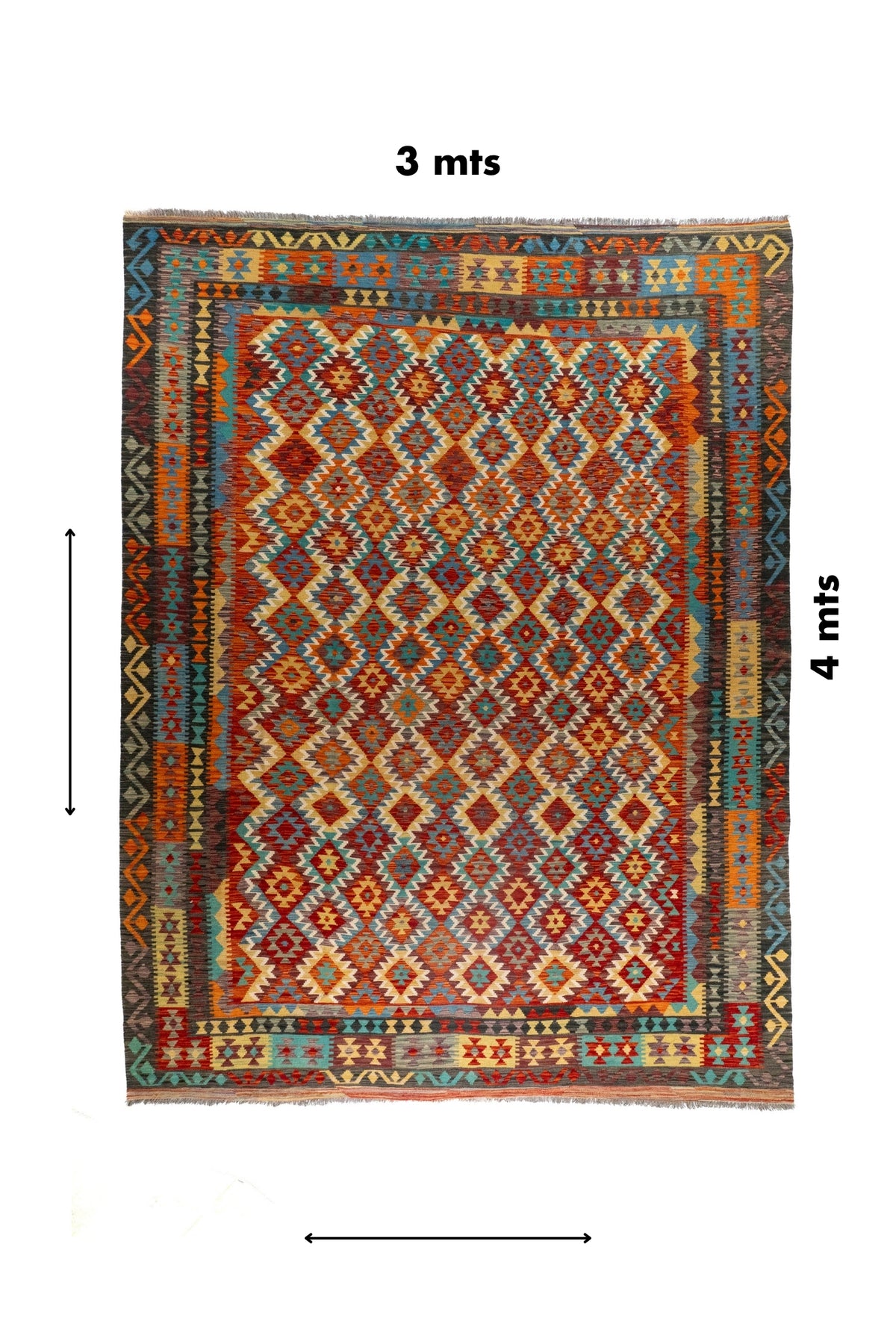 Alfombra Kilim rectangular multicolor de 3 x 4 mts con diseño geométrico