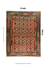 Alfombra Kilim rectangular multicolor de 3 x 4 mts con diseño geométrico