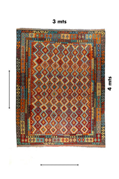 Alfombra Kilim rectangular multicolor de 3 x 4 mts con diseño geométrico