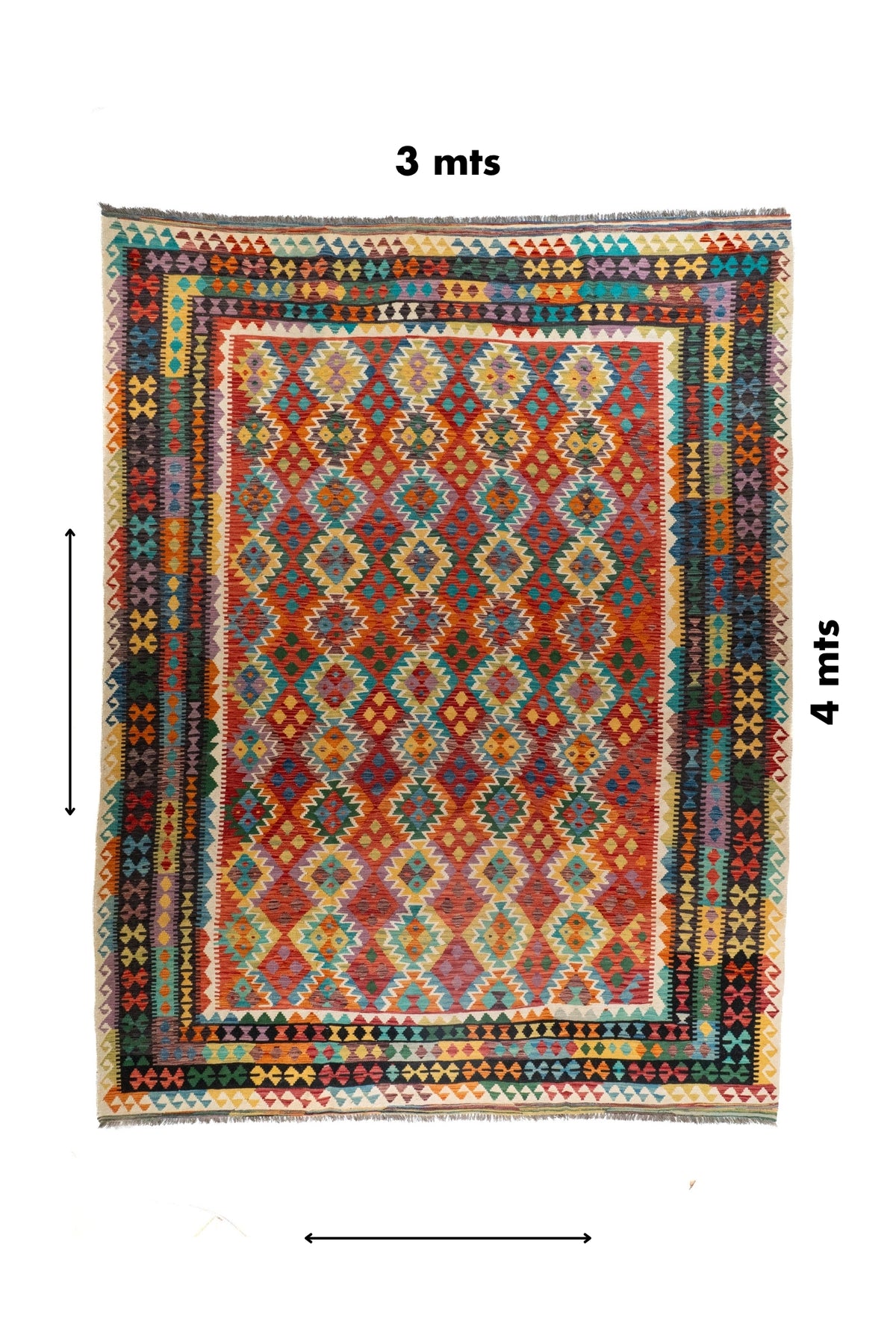Alfombra Kilim rectangular de 3 x 4 mts con diseño geométrico multicolor