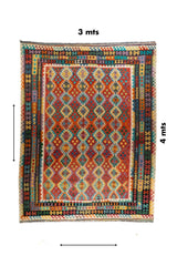 Alfombra Kilim rectangular de 3 x 4 mts con diseño geométrico multicolor
