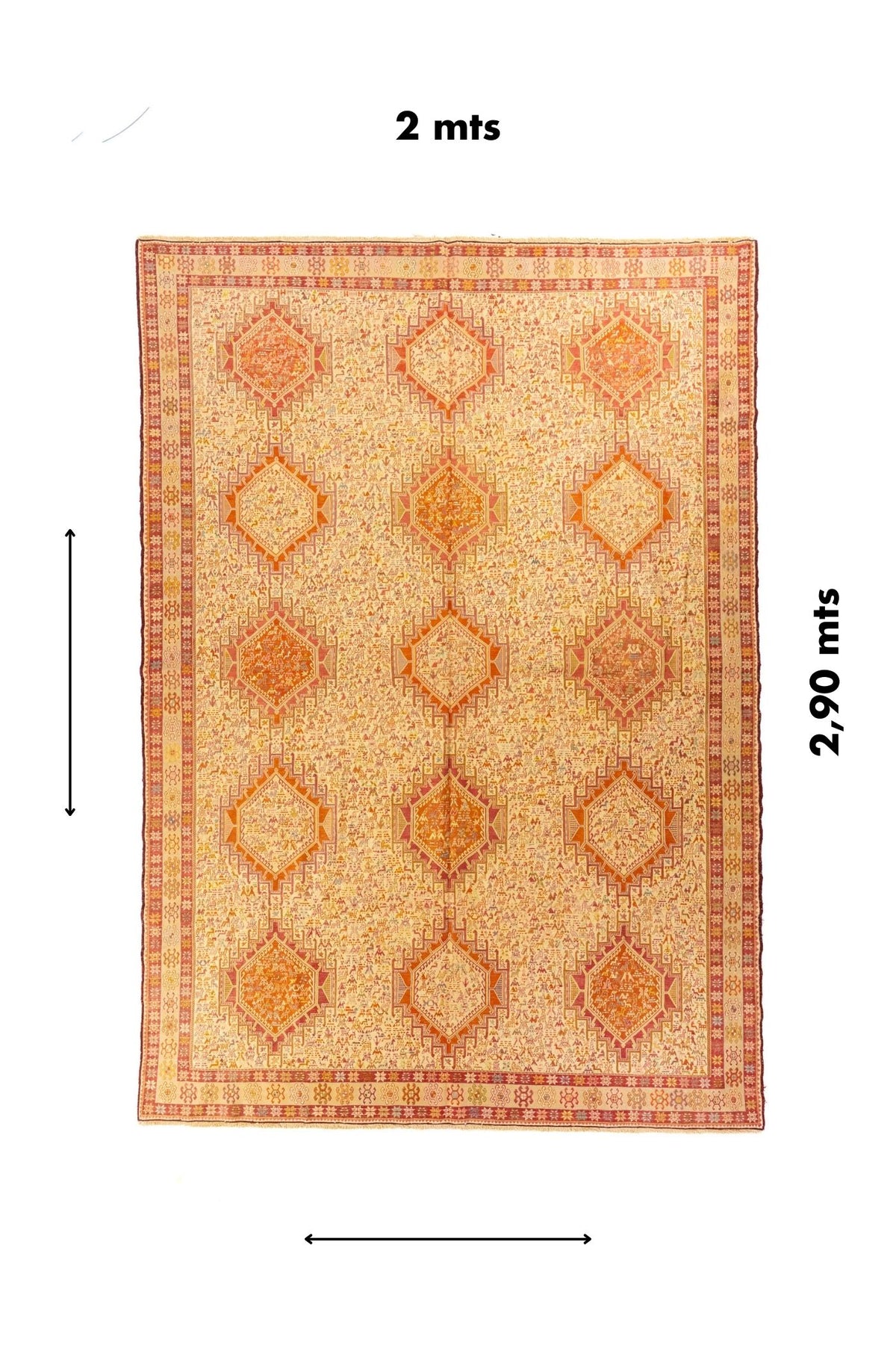 Alfombra rectangular de 2 x 2.90 metros en tonos beige y rojo con medallones geométricos repetidos