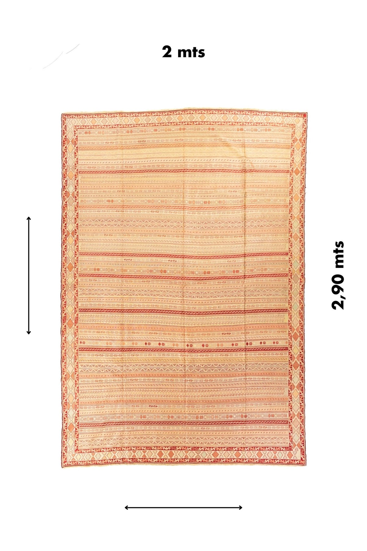 Alfombra rectangular de 2 x 2.90 metros en tonos beige y rojo con diseño de franjas horizontales y guarda geométrica
