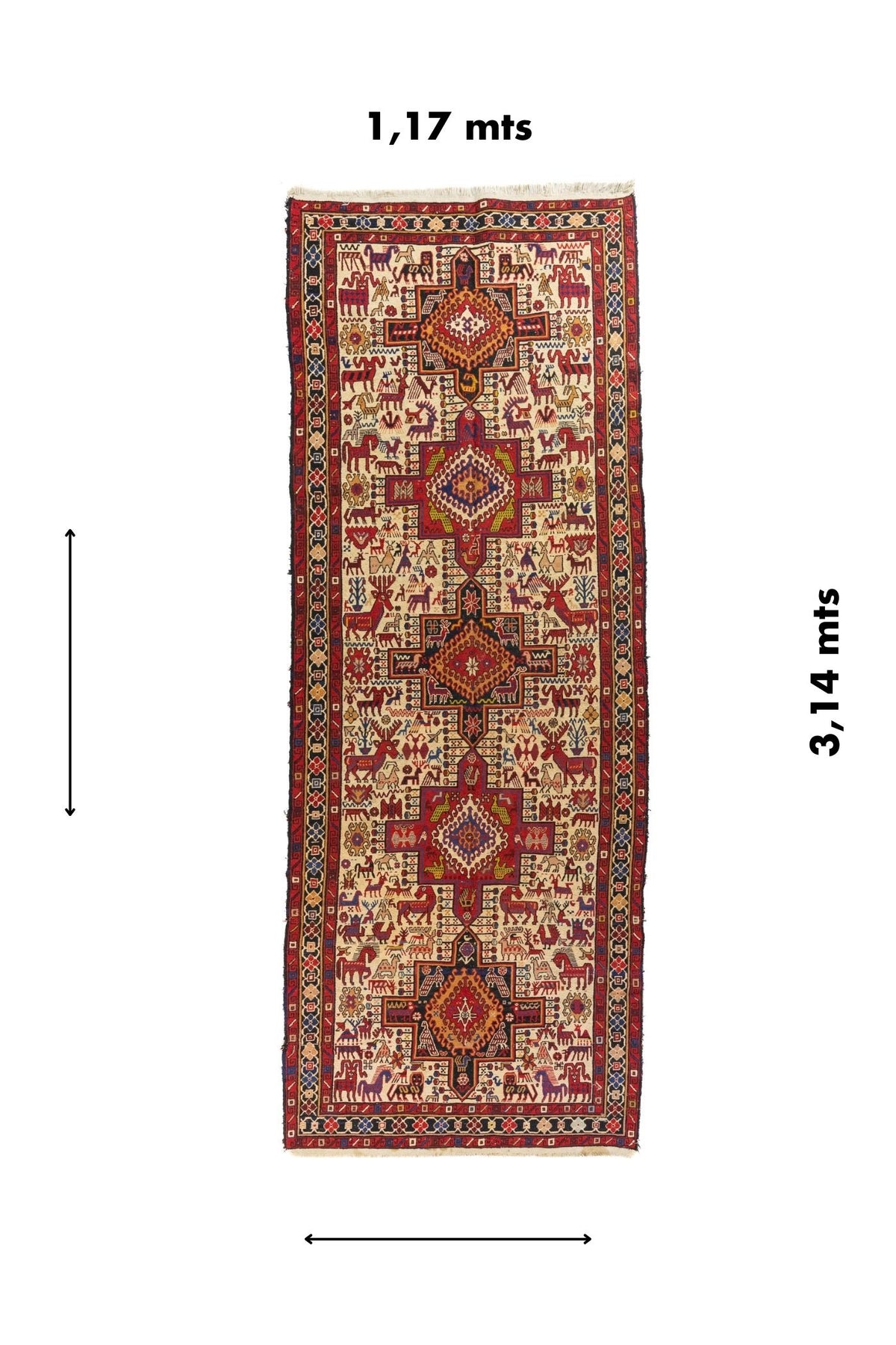 Alfombra pasillera de estilo étnico con medidas visibles de 1,17 mts de ancho por 3,14 mts de largo.