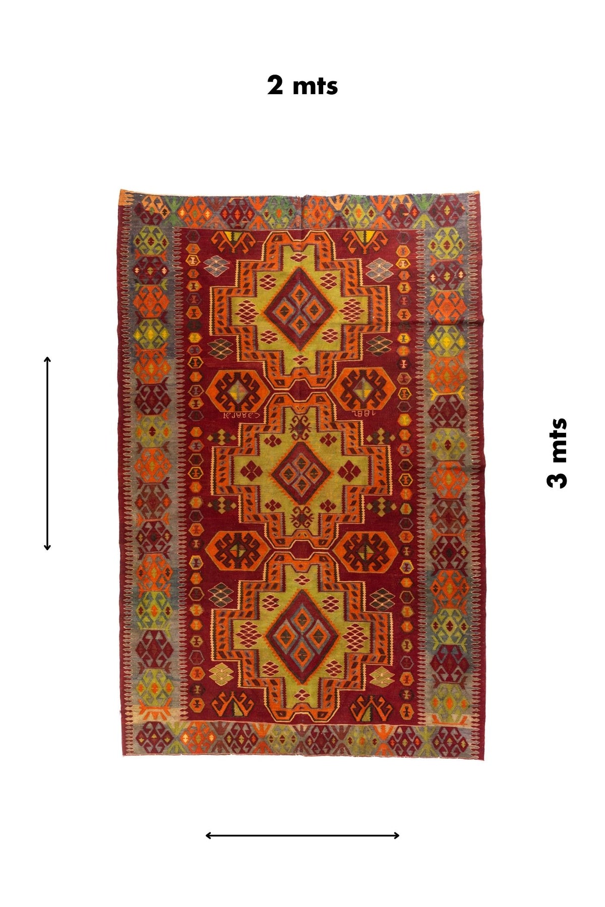 Alfombra geométrica tribal de 2 x 3 metros en tonos rojo, naranja y dorado, presentada con guía visual de medidas.