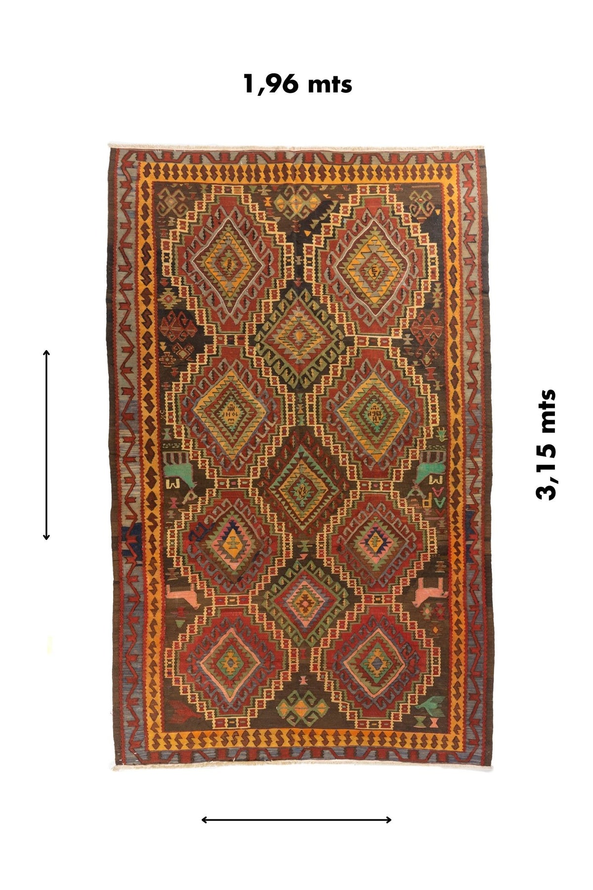 Alfombra artesanal de estilo tribal con diseño de rombos geométricos y medidas aproximadas de 1.96 x 3.15 metros